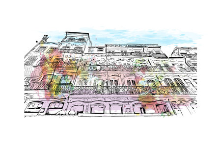 Building view with landmark of Porto Novo is the 
capital of Benin. Watercolor splash with hand drawn sketch illustration in vector.のイラスト素材