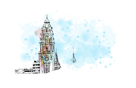 Building view with landmark of Porto Novo is the 
capital of Benin. Watercolor splash with hand drawn sketch illustration in vector.のイラスト素材