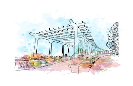 Building view with landmark of Porto Novo is the 
capital of Benin. Watercolor splash with hand drawn sketch illustration in vector.のイラスト素材