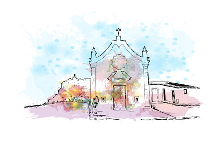 Building view with landmark of Porto Novo is the 
capital of Benin. Watercolor splash with hand drawn sketch illustration in vector.のイラスト素材