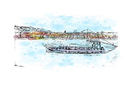 Building view with landmark of Porto Novo is the 
capital of Benin. Watercolor splash with hand drawn sketch illustration in vector.のイラスト素材