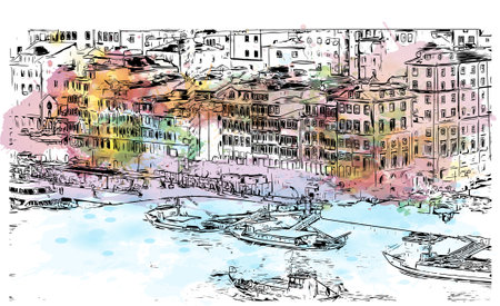 Building view with landmark of Porto Novo is the 
capital of Benin. Watercolor splash with hand drawn sketch illustration in vector.のイラスト素材