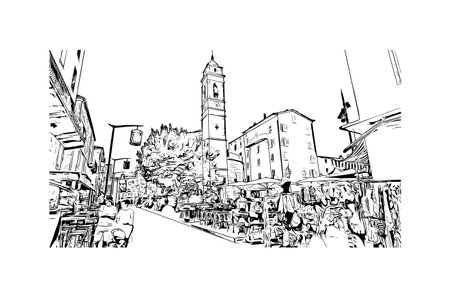 Building view with landmark of Porto Vecchio is the 
commune in France. Watercolor splash with hand drawn sketch illustration in vector.のイラスト素材