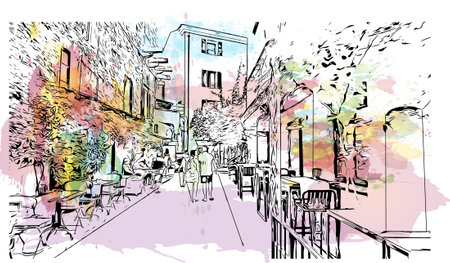 Building view with landmark of Porto Vecchio is the 
commune in France. Watercolor splash with hand drawn sketch illustration in vector.のイラスト素材