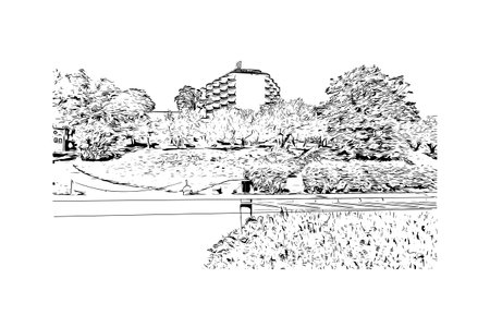 Building view with landmark of Portoroz is a resort town in Slovenia. Hand drawn sketch illustration in vector.のイラスト素材