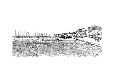 Building view with landmark of Portoroz is a resort town in Slovenia. Hand drawn sketch illustration in vector.のイラスト素材