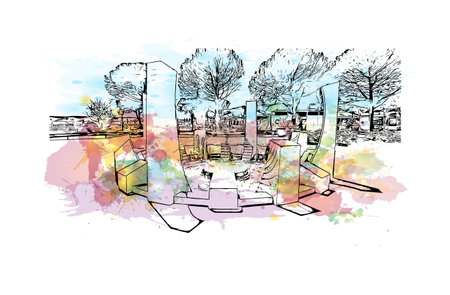 Building view with landmark of Portoroz is a resort town in Slovenia. Watercolor splash with hand drawn sketch illustration in vector.のイラスト素材