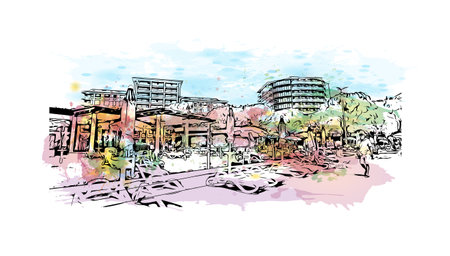 Building view with landmark of Portoroz is a resort town in Slovenia. Watercolor splash with hand drawn sketch illustration in vector.のイラスト素材