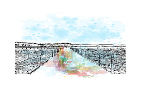 Building view with landmark of Portoroz is a resort town in Slovenia. Watercolor splash with hand drawn sketch illustration in vector.のイラスト素材