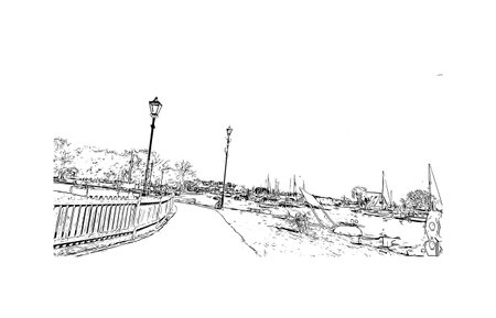 Building view with landmark of Portsmouth is the 
city in England. Hand drawn sketch illustration in vector.のイラスト素材