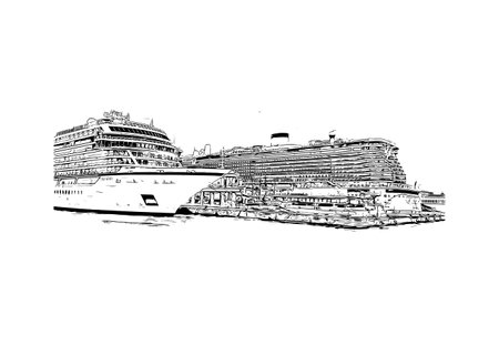 Building view with landmark of Positano is the 
village in Italy. Hand drawn sketch illustration in vector.のイラスト素材