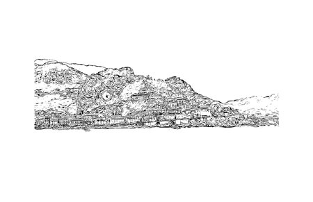 Building view with landmark of Positano is the 
village in Italy. Hand drawn sketch illustration in vector.のイラスト素材