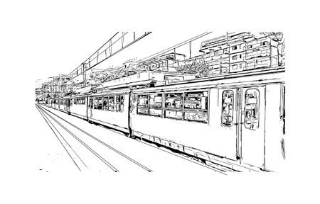 Building view with landmark of Positano is the 
village in Italy. Hand drawn sketch illustration in vector.のイラスト素材