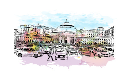Building view with landmark of Positano is the 
village in Italy. Watercolor splash with hand drawn sketch illustration in vector.のイラスト素材
