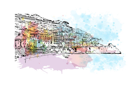 Building view with landmark of Positano is the 
village in Italy. Watercolor splash with hand drawn sketch illustration in vector.のイラスト素材