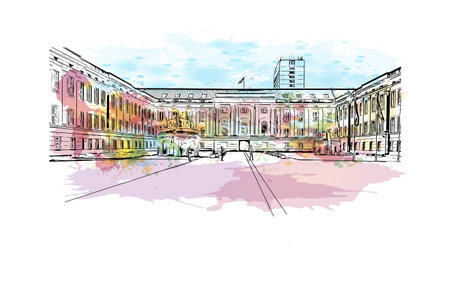 Building view with landmark of Potsdam is the 
city in Germany. Watercolor splash with hand drawn sketch illustration in vector.のイラスト素材
