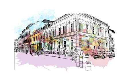 Building view with landmark of Potsdam is the 
city in Germany. Watercolor splash with hand drawn sketch illustration in vector.のイラスト素材