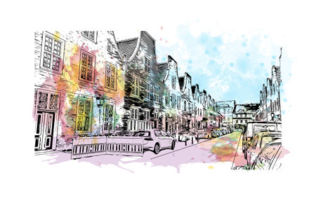 Building view with landmark of Potsdam is the 
city in Germany. Watercolor splash with hand drawn sketch illustration in vector.のイラスト素材