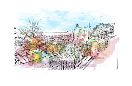 Building view with landmark of Pozzuoli is the 
city in Italy. Watercolor splash with hand drawn sketch illustration in vector.のイラスト素材