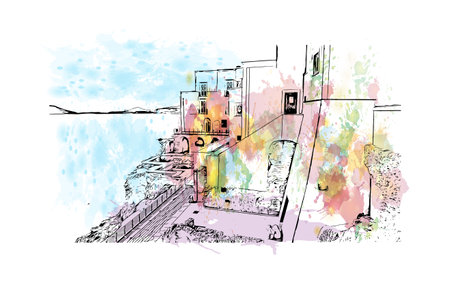 Building view with landmark of Pozzuoli is the 
city in Italy. Watercolor splash with hand drawn sketch illustration in vector.のイラスト素材