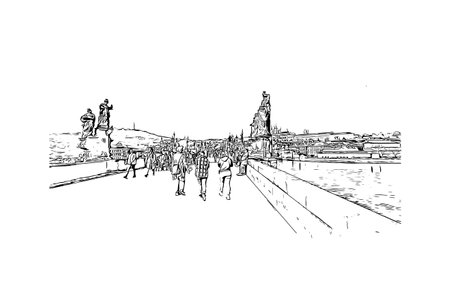 Building view with landmark of Prague is the 
capital of the Czech Republic. Hand drawn sketch illustration in vectorのイラスト素材