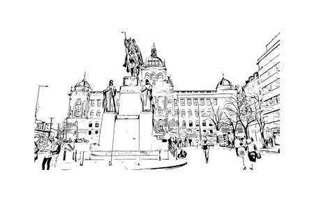 Building view with landmark of Prague is the 
capital of the Czech Republic. Hand drawn sketch illustration in vector.のイラスト素材