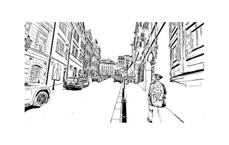 Building view with landmark of Prague is the 
capital of the Czech Republic. Hand drawn sketch illustration in vector.のイラスト素材