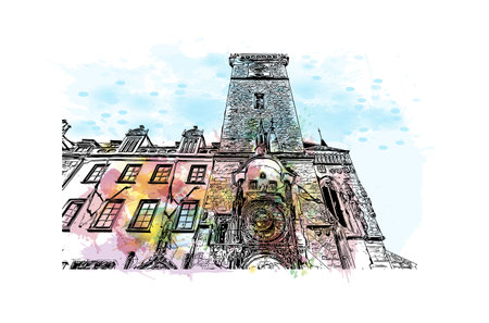 Building view with landmark of Prague is the 
capital of the Czech Republic. Hand drawn sketch illustration in vector.のイラスト素材