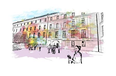 Building view with landmark of Prague is the 
capital of the Czech Republic. Hand drawn sketch illustration in vector.のイラスト素材