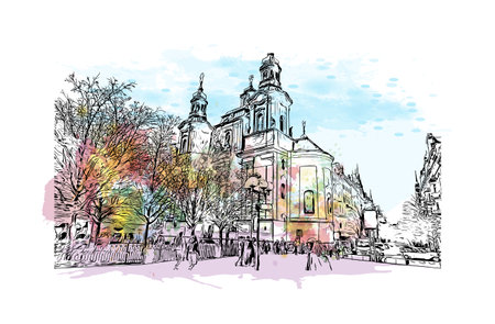 Building view with landmark of Prague is the 
capital of the Czech Republic. Hand drawn sketch illustration in vector.のイラスト素材