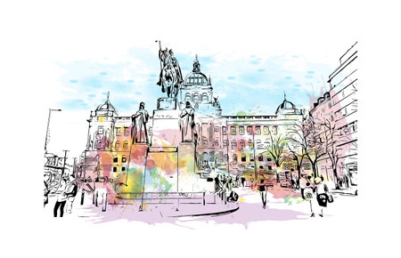 Building view with landmark of Prague is the 
capital of the Czech Republic. Hand drawn sketch illustration in vector.のイラスト素材