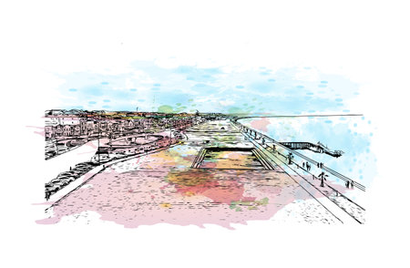 Building view with landmark of Praia is the 
capital of Cape Verde. Watercolor splash with hand drawn sketch  illustration in vector.のイラスト素材