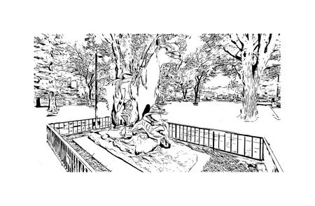 Building view with landmark of Prescott is a city in central Arizona. Hand drawn sketch illustration in vector.のイラスト素材