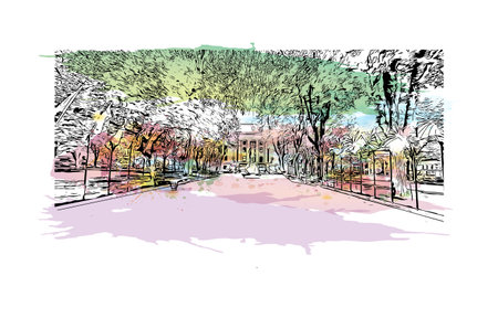 Building view with landmark of Prescott is a city in central Arizona. Watercolor splash with hand drawn sketch illustration in vector.のイラスト素材