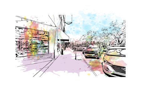 Building view with landmark of Prescott is a city in central Arizona. Watercolor splash with hand drawn sketch illustration in vector.のイラスト素材