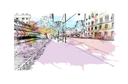 Building view with landmark of Pretoria is the 
capital of South Africa. Watercolor splash with hand drawn sketch illustration in vector.のイラスト素材