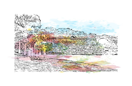 Building view with landmark of Protaras is the 
municipality in Cyprus.
Watercolor splash with hand drawn sketch illustration in vector.のイラスト素材