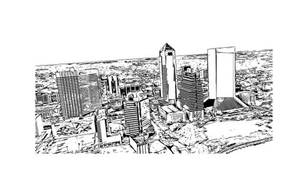 Building view with landmark of  Jacksonville is the 
city in Florida. Hand drawn sketch illustration in vector.のイラスト素材