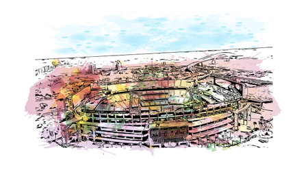 Building view with landmark of  Jacksonville is the 
city in Florida. Watercolor splash with hand drawn sketch illustration in vector.のイラスト素材