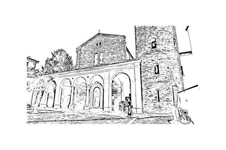 Building view with landmark of 
Port of Ravenna is the seaport in Italy. Hand drawn sketch illustration in vector.のイラスト素材