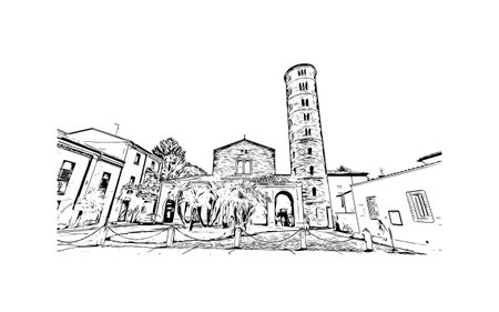 Building view with landmark of 
Port of Ravenna is the seaport in Italy. Hand drawn sketch illustration in vector.のイラスト素材