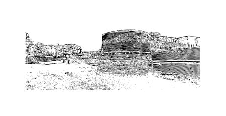 Building view with landmark of 
Port of Ravenna is the seaport in Italy. Hand drawn sketch illustration in vector.のイラスト素材