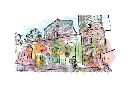 Building view with landmark of 
Port of Ravenna is the seaport in Italy. Watercolor splash with hand drawn sketch illustration in vector.のイラスト素材