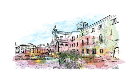 Building view with landmark of 
Port of Ravenna is the seaport in Italy. Watercolor splash with hand drawn sketch illustration in vector.のイラスト素材