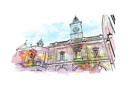 Building view with landmark of 
Port of Ravenna is the seaport in Italy. Watercolor splash with hand drawn sketch illustration in vector.のイラスト素材