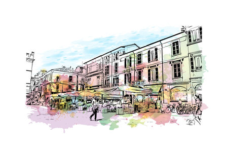 Building view with landmark of 
Port of Ravenna is the seaport in Italy. Watercolor splash with hand drawn sketch illustration in vector.のイラスト素材