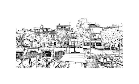 Building view with landmark of Porto Colom is a smallish town in Mallorca. Hand drawn sketch illustration in vector.のイラスト素材