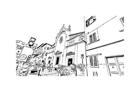 Building view with landmark of Porto ferraio is the town in Italy. Hand drawn sketch illustration in vector.のイラスト素材