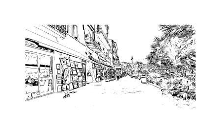 Building view with landmark of Porto ferraio is the town in Italy. Hand drawn sketch illustration in vector.のイラスト素材