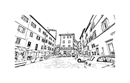 Building view with landmark of Porto ferraio is the town in Italy. Hand drawn sketch illustration in vector.のイラスト素材